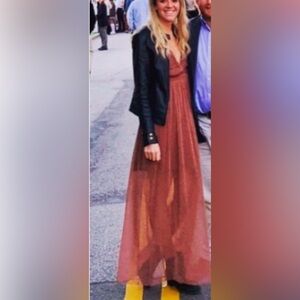 Dark Orange V Neck Shimmer Maxi Dress